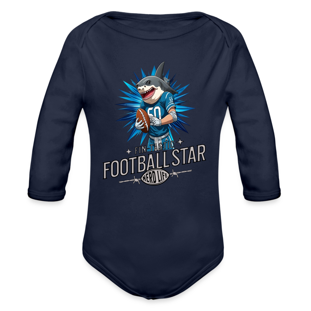 Fin-Tastic Football Star Organic Long Sleeve Baby Bodysuit - dark navy