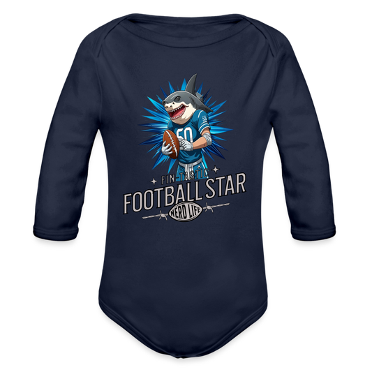 Fin-Tastic Football Star Organic Long Sleeve Baby Bodysuit - dark navy