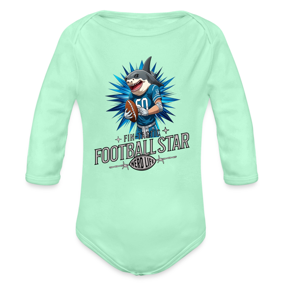 Fin-Tastic Football Star Organic Long Sleeve Baby Bodysuit - light mint