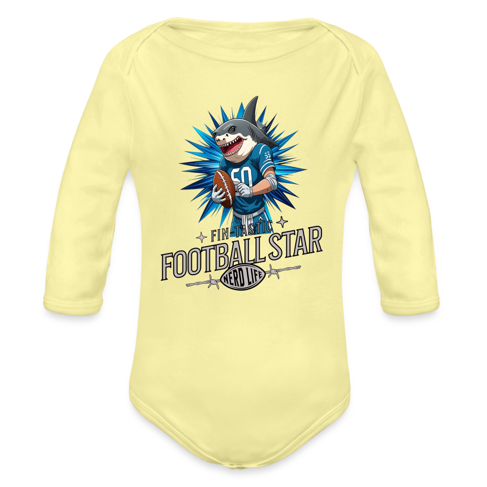 Fin-Tastic Football Star Organic Long Sleeve Baby Bodysuit - washed yellow